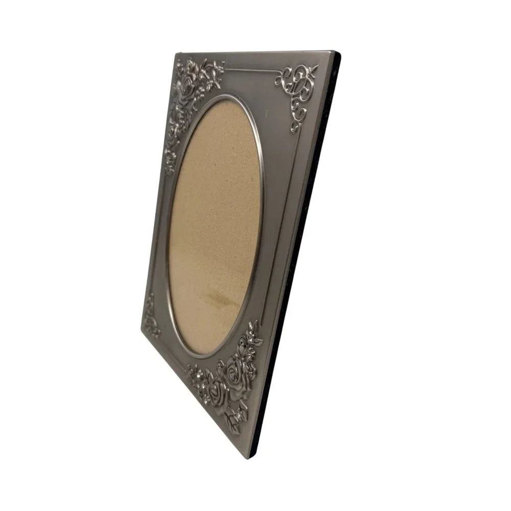 Vintage Pewter‎ Oval Photo Frame Floral Roses Cottage Style Tabletop Decor